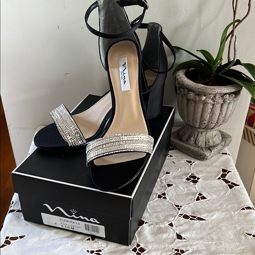 Nina Black Satin Heels with Rhinestone Detailing and Ankle Strap